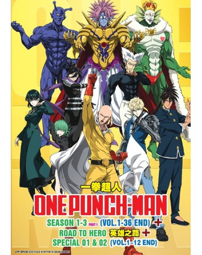 ONE PUNCH MAN SEASON 1-3 (VOL.1-36 END) + ROAD TO HERO + SPECIAL 01&02 (VOL.1-12END) ENG DUB